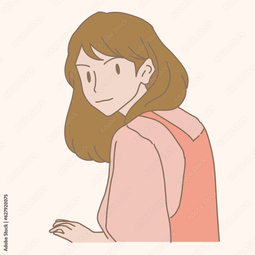 Sneaky girl with tricky smile looking away and planning scheming prank. Hand drawn flat cartoon character vector illustration. Sneaky girl with tricky smile looking away and planning scheming prank. Hand drawn flat cartoon character vector illustration.