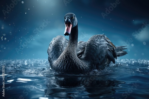 There is a black swan on water's surface. (Generative AI)