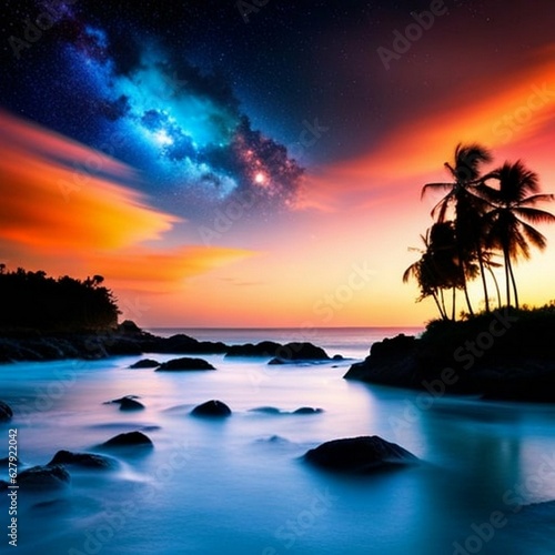tropical beach with a stunning night sky of glowing nebulae, stars and gas clouds, mystical, romantic, otherwordly, abstract, space art, ai generated
