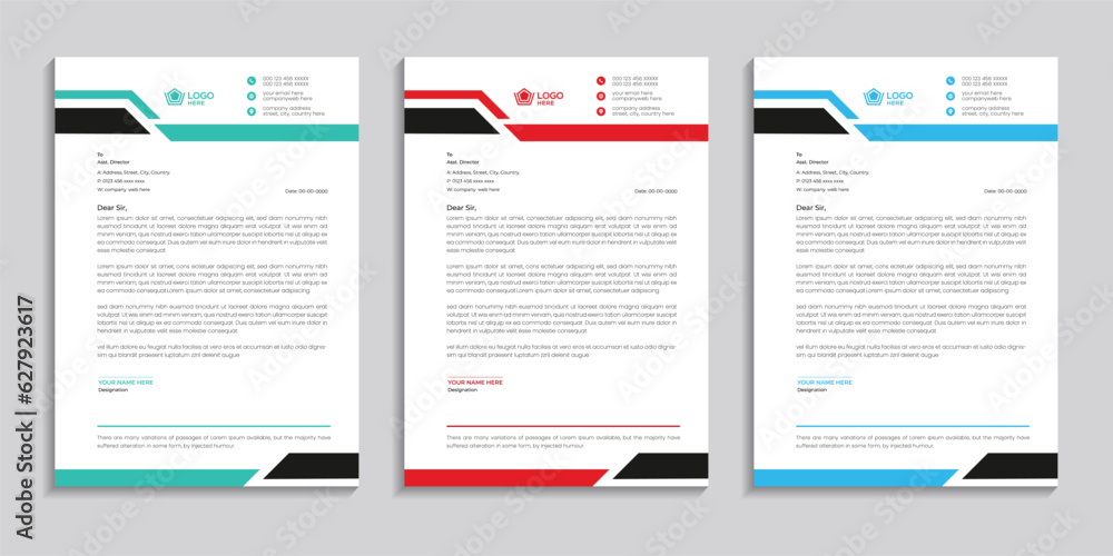 Clean abstract and professional business letterhead template design with color variation. 