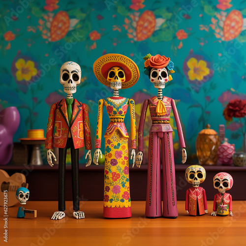 Mexican artesanal skulls and bones family in a party, traditional and culture, day of the death, created with ai generative technology
