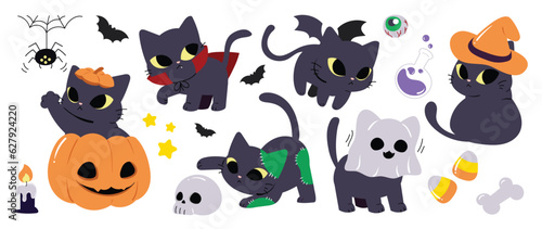 Happy Halloween day lovey pet vector. Cute collection of cats with halloween costumes, ghost, bat, pumpkin, spider. Adorable animal characters in autumn festival for decoration, prints, cover.