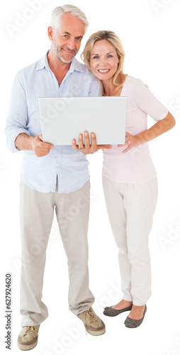Digital png photo of caucasian couple using laptop on transparent background