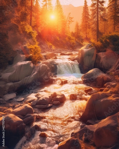 Golden Glow Waterfall: Serene Scene with Soft Lighting © hisilly