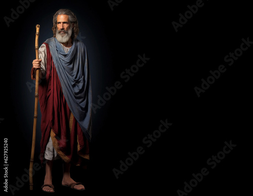 Canvas Print Prophet isolated on black background, holding staff. Copy space.