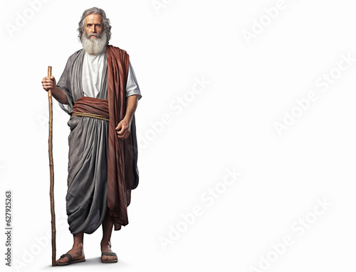 Prophet isolated on white background, holding staff. Copy space. photo