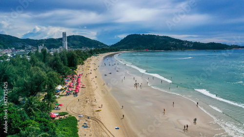 Aerial View With Drone. Tourists at Patong beach in Phuket Island, Thailand. photo