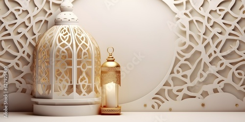 Arabic islamic elegant white and golden luxury ornamental background with decorative lantern, Generative ai