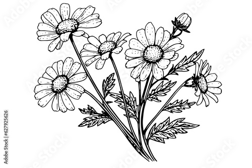 Hand drawn chamomile ink sketch. Daisy bouquet engraving vector illustration.