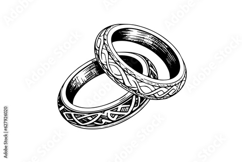 Vector hand drawn illustration of wedding jewelry rings in vintage engraved style.