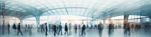 Blurred people walking in a modern hall background banner © Virtual Art Studio