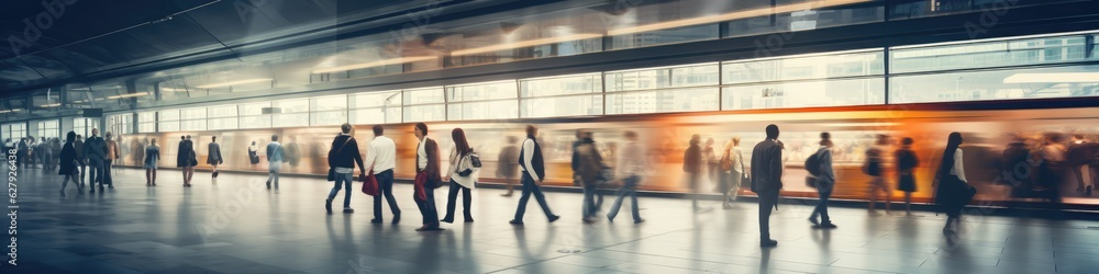 Blurred people walking in a modern hall background banner Blurred people walking in a modern hall background banner