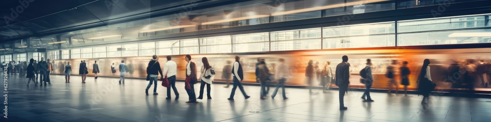 Blurred people walking in a modern hall background banner