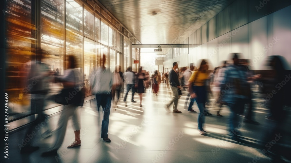 Blurred people walking in a modern hall background banner Blurred people walking in a modern hall background banner