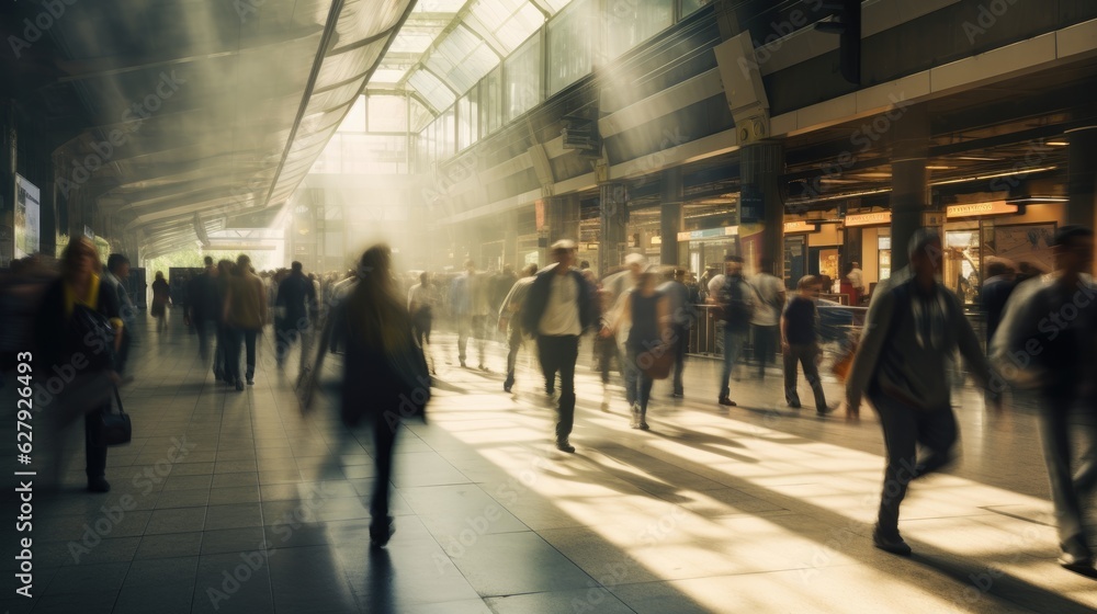 Blurred people walking in a modern hall background banner