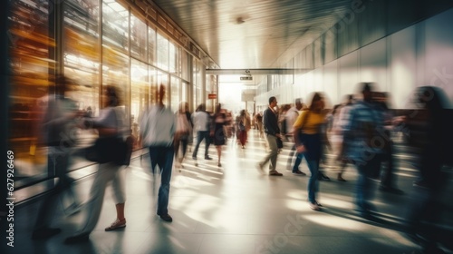 Blurred people walking in a modern hall background banner
