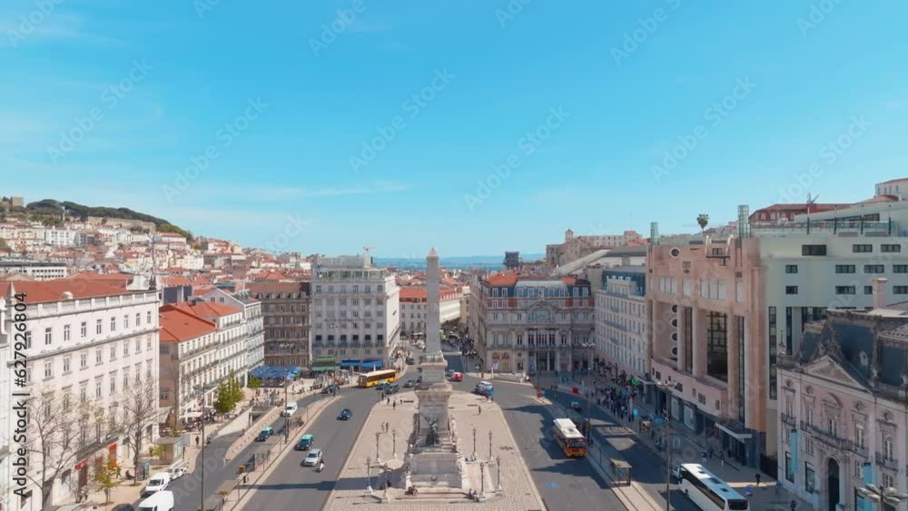 Backwards Shot Of Restauradores Square At Liberty Avenue, Lisbon, Portugal Backwards Shot Of Restauradores Square At Liberty Avenue, Lisbon, Portugal
