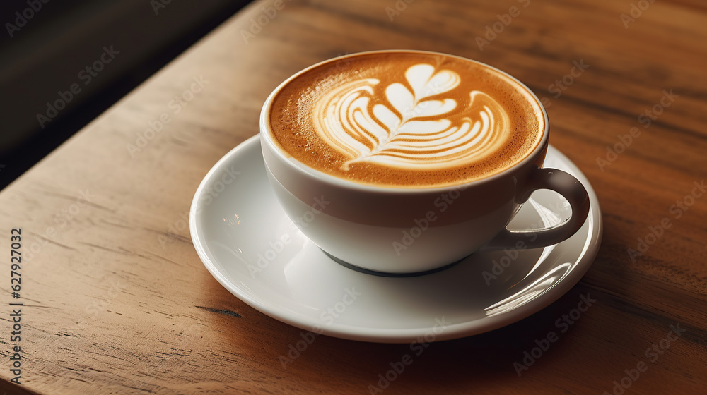 The wood table complements the presentation of the latte with intricate art. The wood table complements the presentation of the latte with intricate art.