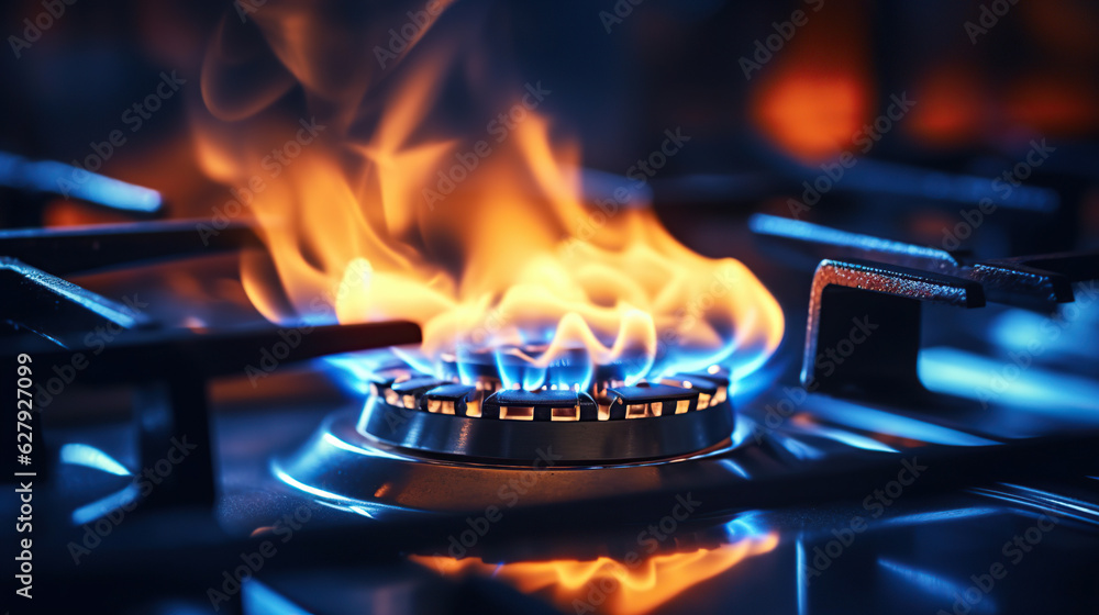 The gas stove emits a vibrant blue flame, indicating its efficient