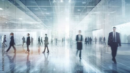 Blurred business people in white glass office background