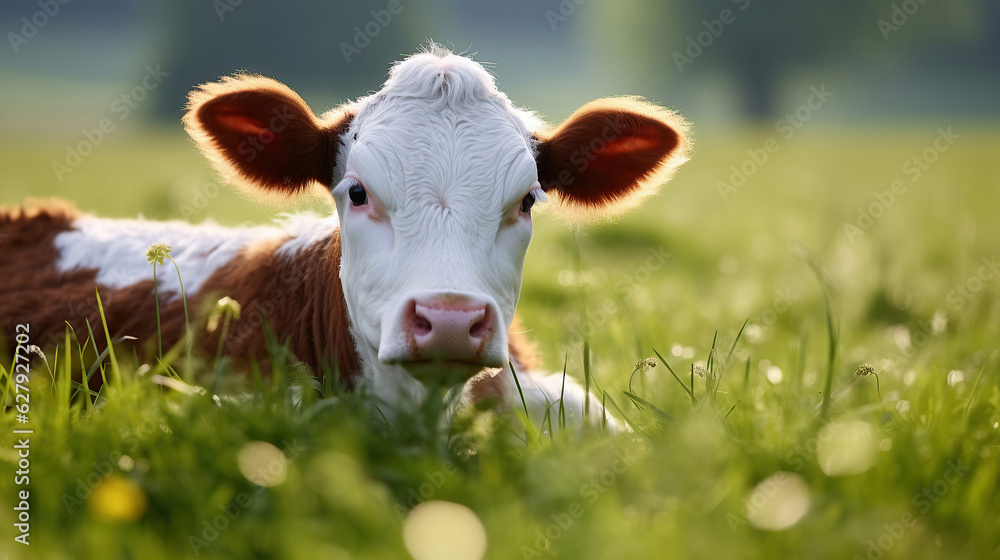 In the close-up, a white and brown calf gazes into the camera while resting in a lush green field, illuminated by the warm sun. The background features a blur of vibrant green spring grass.