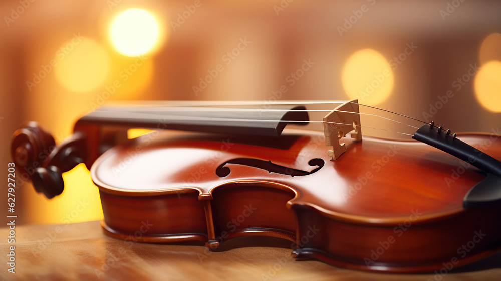 Fototapeta premium In the close-up shot, the violin's craftsmanship is revealed, highlighting the fine grain of the wood and the graceful curves of the instrument.