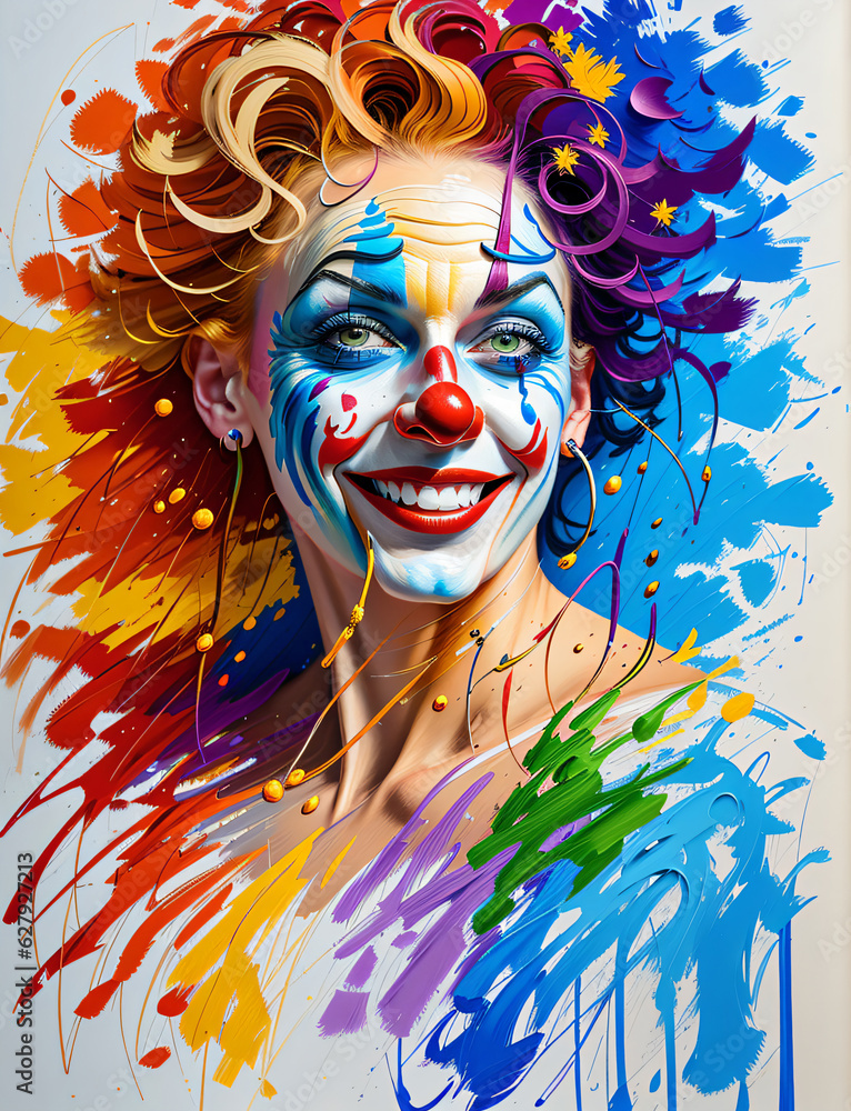 Female clown with happy and laughing expression, in photo painting, with cheerful colors