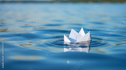 The close-up view of the white origami boat drifting on the tranquil water symbolizes the beauty and tranquility of nature  igniting a sense of wonder and delight.