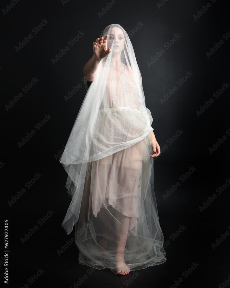 Full length portrait of beautiful woman wearing white gown dress with flowing ghostly veiled fabric, isolated on dark studio background. Full length portrait of beautiful woman wearing white gown dress with flowing ghostly veiled fabric, isolated on dark studio background.