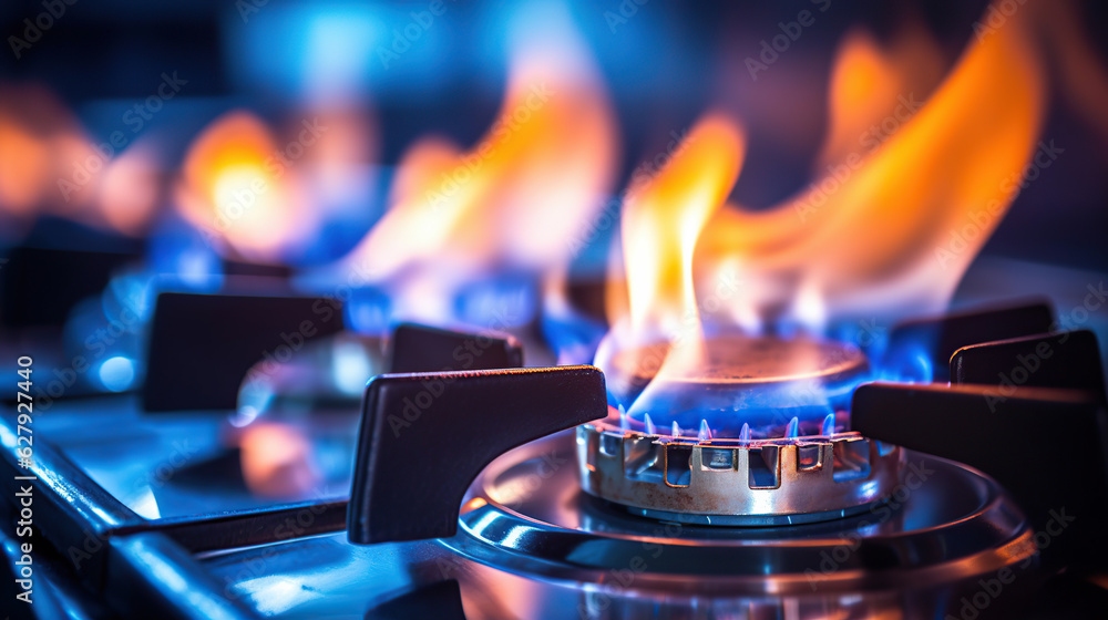 The gas stove emits a vibrant blue flame, indicating its efficient