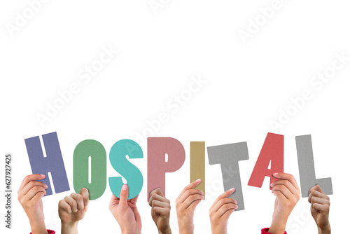Digital png illustration of hands with hospital text on transparent background