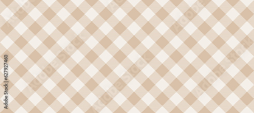 Diagonal gingham seamless pattern. Beige and white vichy background texture. Checkered tweed plaid repeating wallpaper. Natural nude fabric and textile swatch design. Vector backdrop 