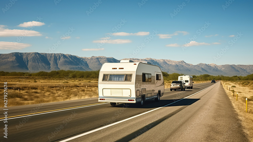 a caravan or recreational vehicle motor home trailer traversing the freeway road.