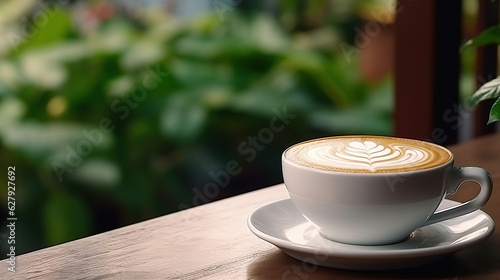 The wood table complements the presentation of the latte with intricate art.