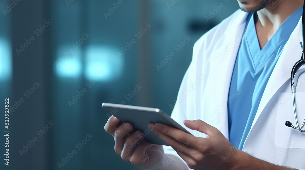 The female doctor checks medical records on the digital tablet for accurate diagnosis. The female doctor checks medical records on the digital tablet for accurate diagnosis.