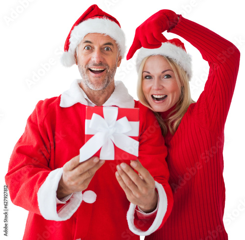 Digital png photo of happy caucasian couple holding gift on transparent background