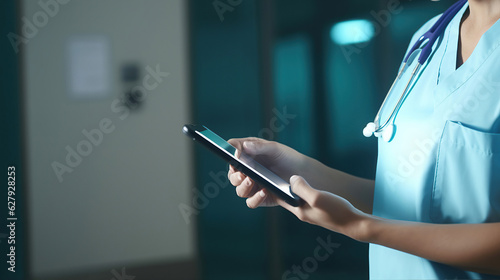 Using the digital tablet, the female doctor stays updated with the latest medical information.