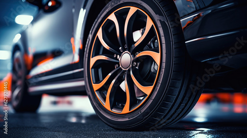 An up-close view of the car's wheel reveals the intricately designed black rubber tire, built for performance and durability.