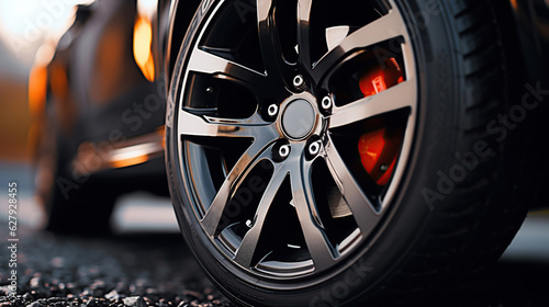 This close-up shot focuses on the car wheel's black rubber tire, highlighting its sturdy construction and reliable performance.