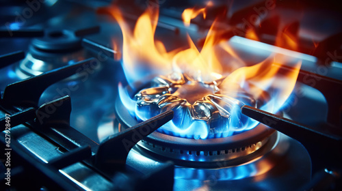 The closeup shot captures the mesmerizing blue flames of the domestic kitchen stove, fueled by propane gas.