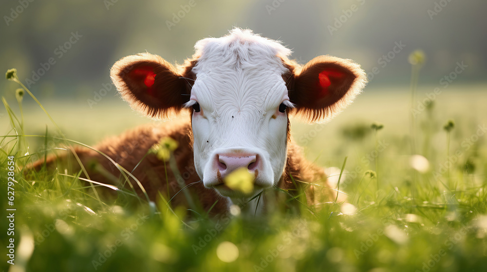 In the close-up, a white and brown calf gazes into the camera while resting in a lush green field, illuminated by the warm sun. The background features a blur of vibrant green spring grass.