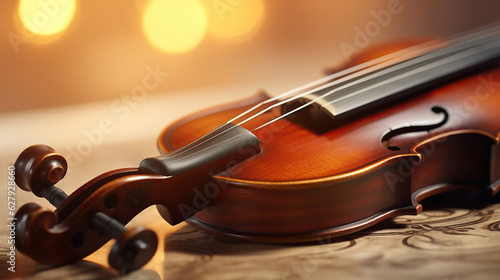 The shallow depth of field in the close-up brings attention to the violinist's skilled hands gliding across the fingerboard.