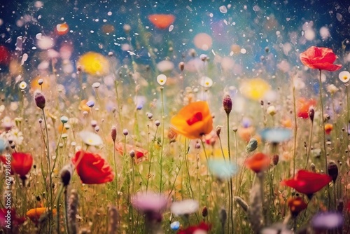 A panoramic background featuring a vibrant and abstract meadow of colorful flowers