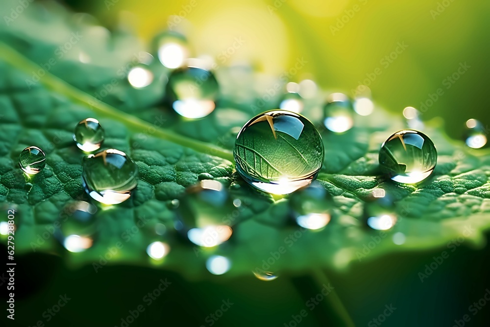Closeup water drops on green leaf. morning dew on leaves - obrazy, fototapety, plakaty 