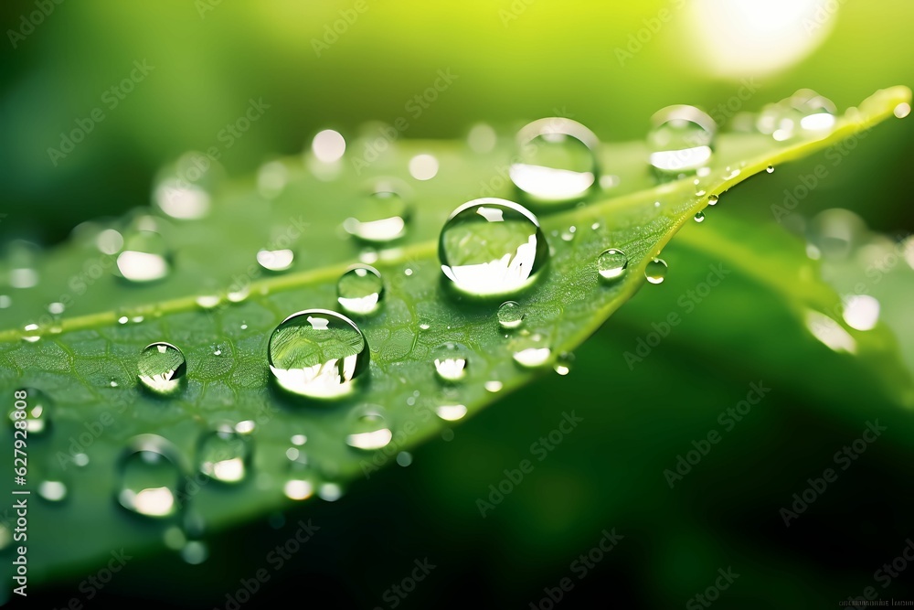 Closeup water drops on green leaf. morning dew on leaves - obrazy, fototapety, plakaty 