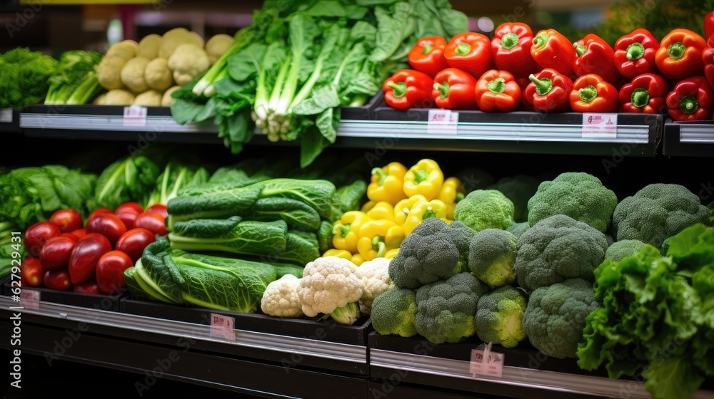 Super fresh vegetables on shelf in market store. Generative AI