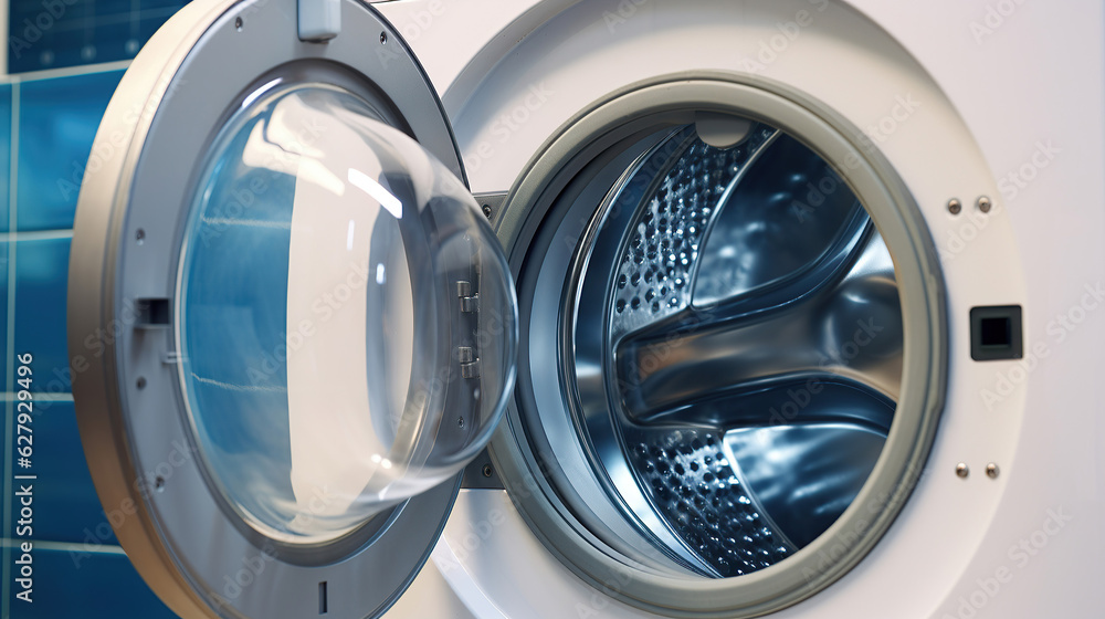 The bathroom reveals an open washing machine, ready to take on the laundry load.