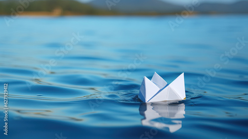 With the bright summer sky above, the close-up highlights the enchanting allure of the simple paper boat gently sailing on the calm waters. © rorozoa