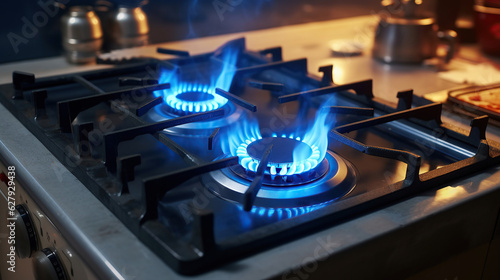 The closeup shot captures the mesmerizing blue flames dancing on the domestic kitchen stove, fueled by propane gas.
