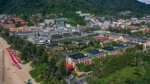 View from above of the city of Patong in Thailand on the island of Phuket with hotels and buildings for tourists